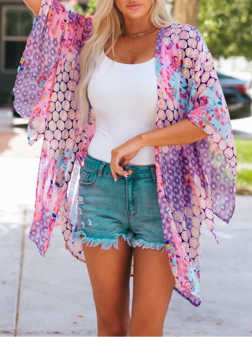 Colorful floral print boho kimono cardigan swim cover up bright pink purple
